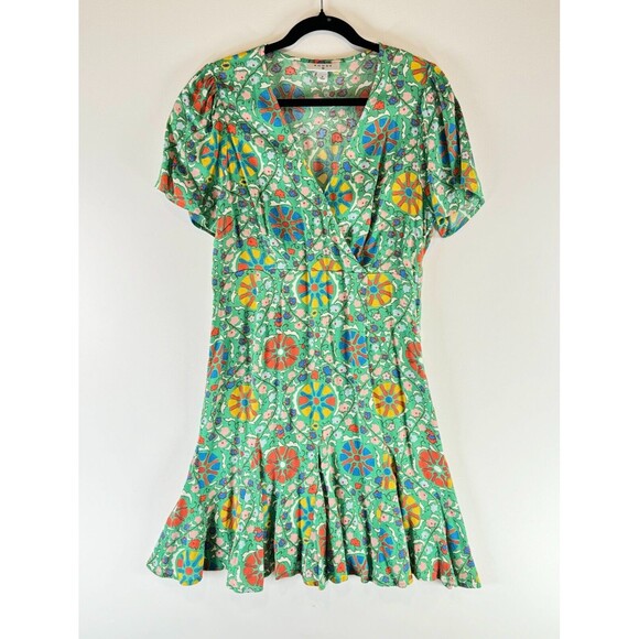 Rhode Womens Dress Green Zinnia Floral Mini Surplice V Neck A Line Boho Size 8 - Picture 1 of 8